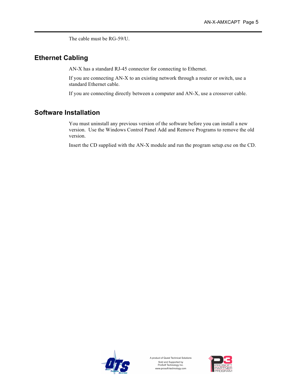 Ethernet cabling, Software installation | ProSoft Technology AN-X-AMX User Manual | Page 9 / 50