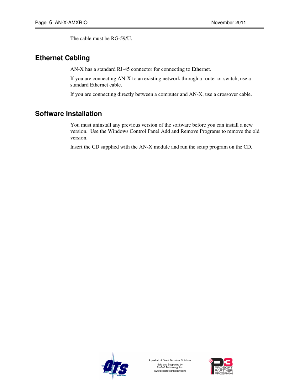 Ethernet cabling, Software installation | ProSoft Technology AN-X-AMX User Manual | Page 10 / 55