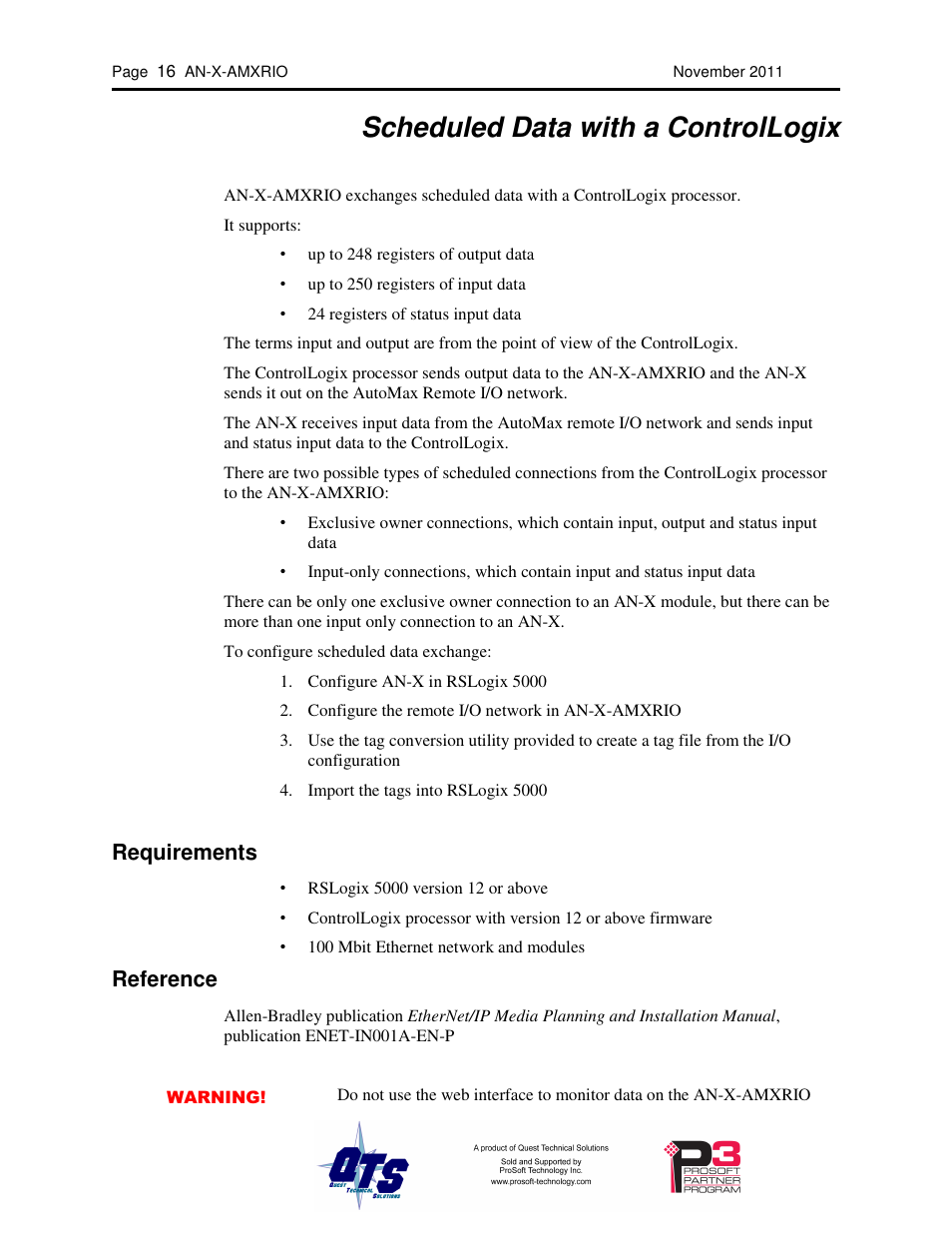 Scheduled data with a controllogix, Requirements, Reference | ProSoft Technology AN-X-AMX User Manual | Page 20 / 55