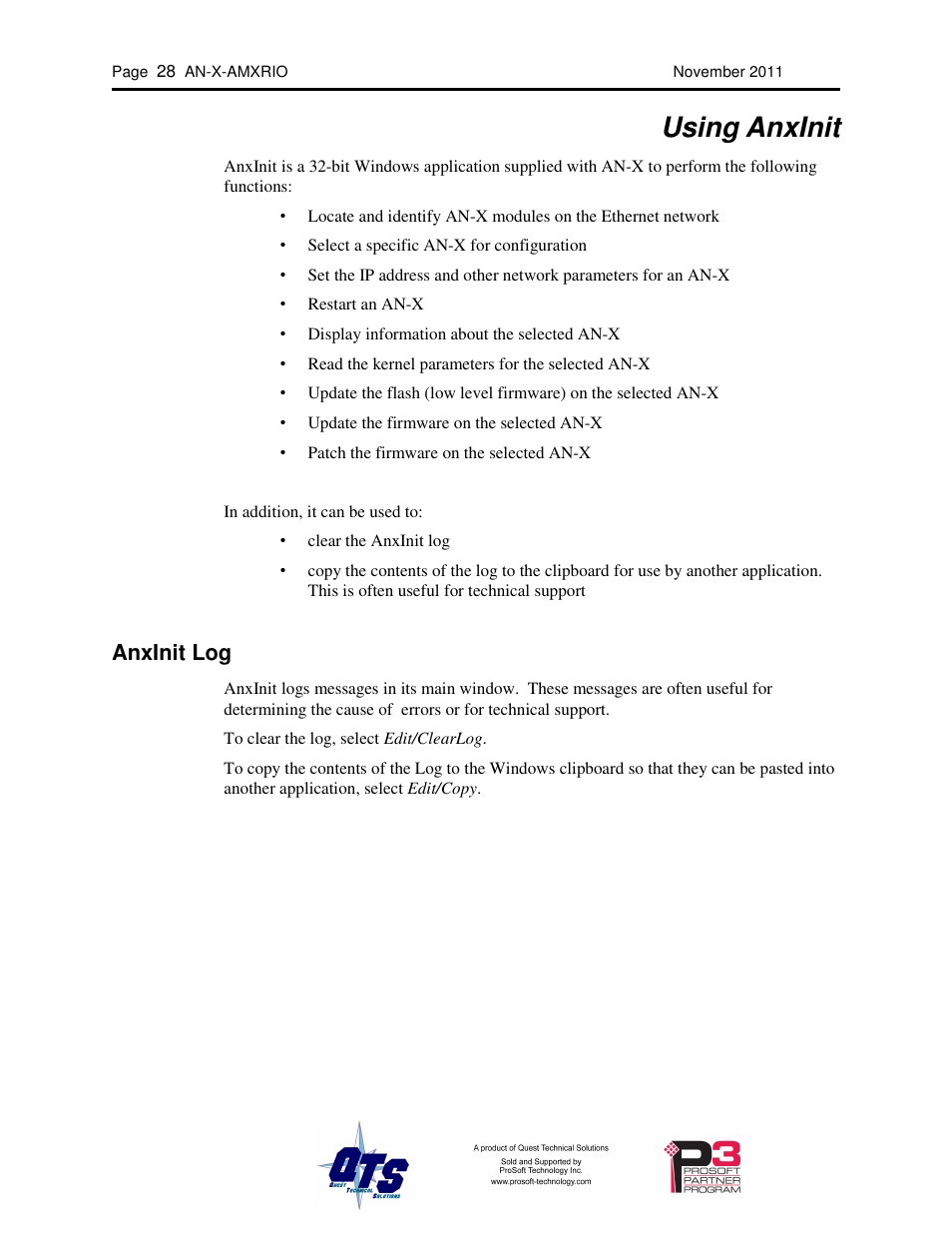 Using anxinit, Anxinit log | ProSoft Technology AN-X-AMX User Manual | Page 32 / 55