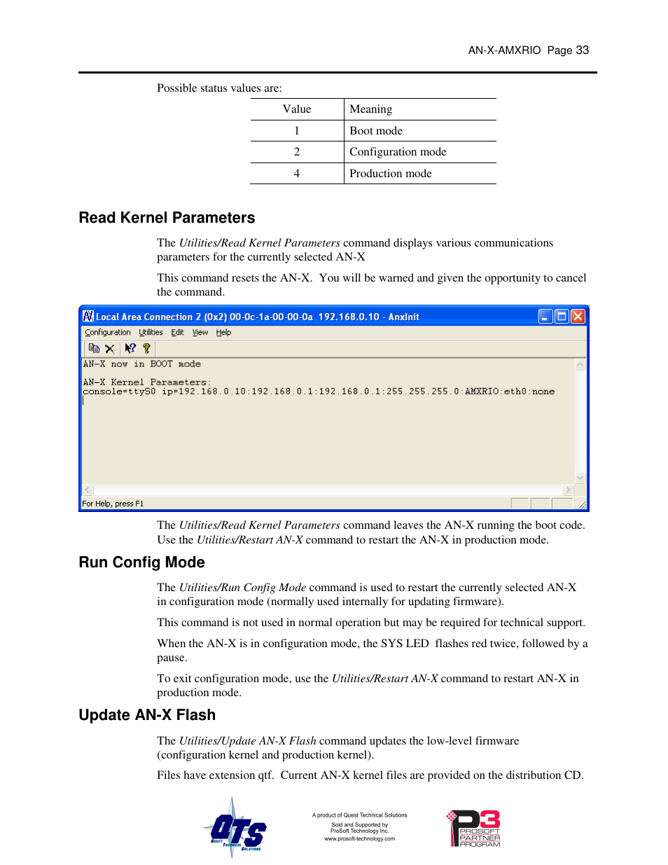 Read kernel parameters, Run config mode, Update an-x flash | ProSoft Technology AN-X-AMX User Manual | Page 37 / 55