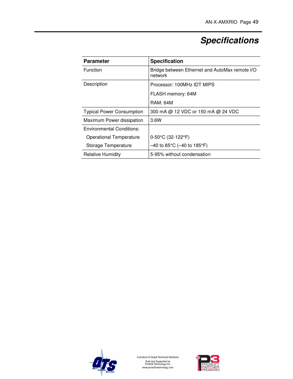 Specifications | ProSoft Technology AN-X-AMX User Manual | Page 53 / 55