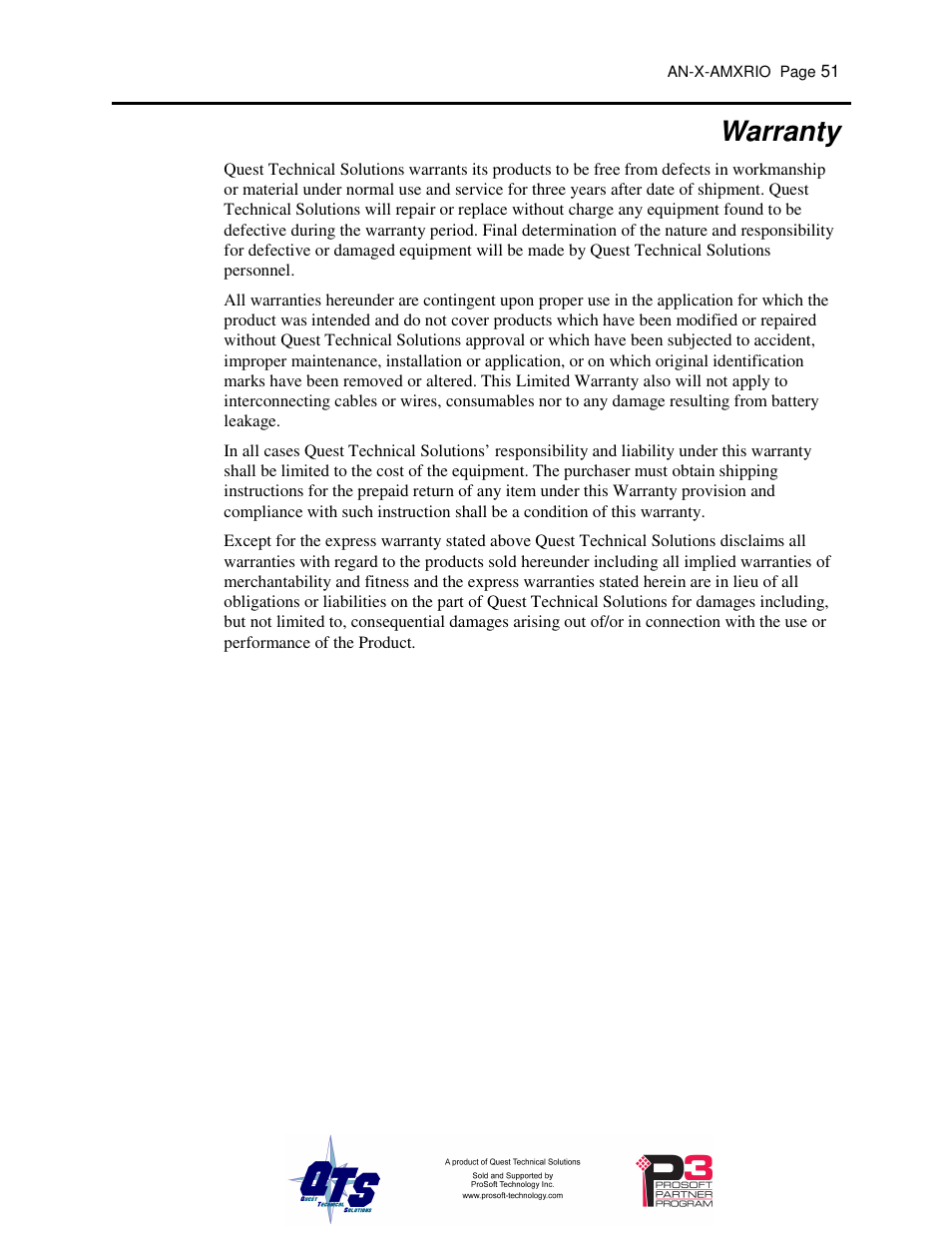 Warranty | ProSoft Technology AN-X-AMX User Manual | Page 55 / 55
