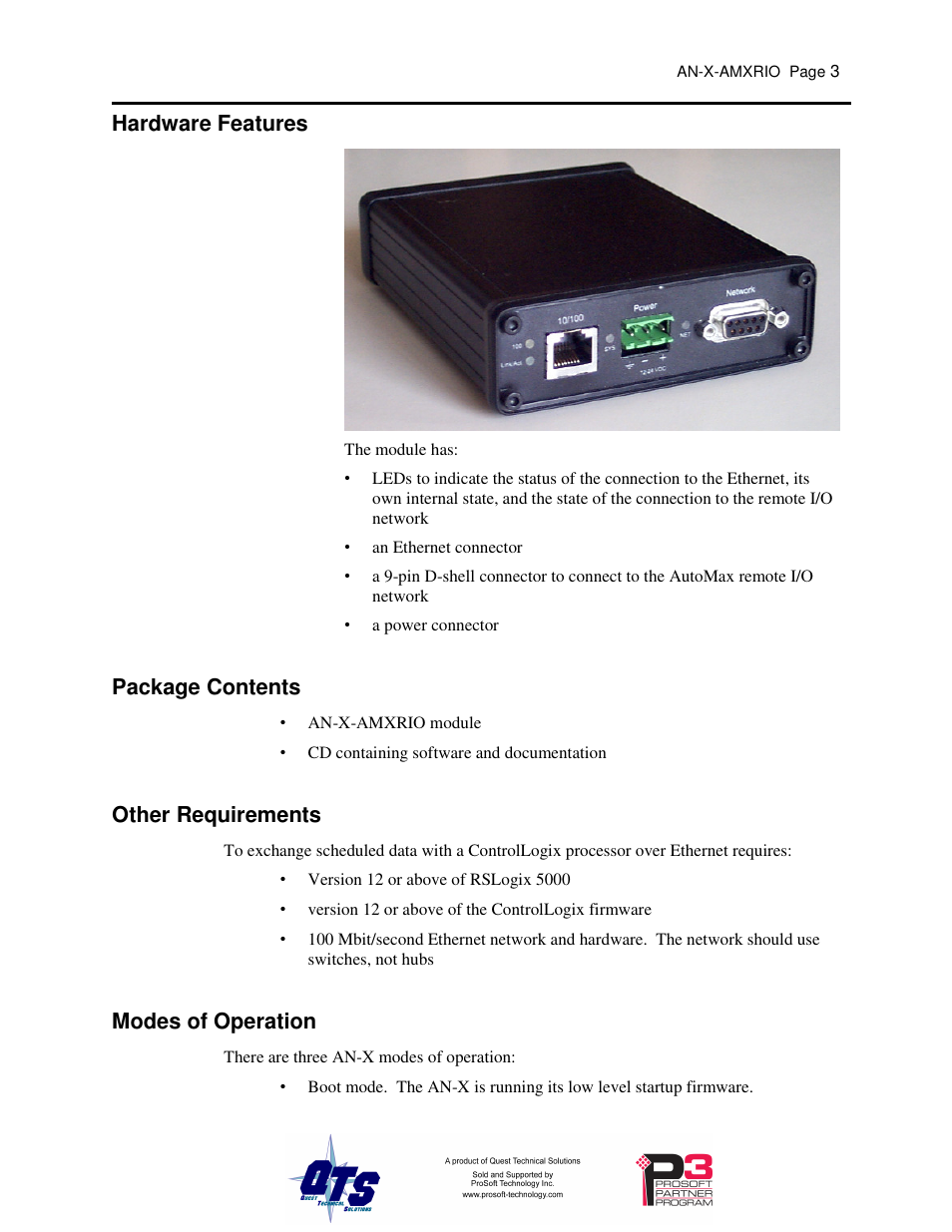 Hardware features, Package contents, Other requirements | Modes of operation | ProSoft Technology AN-X-AMX User Manual | Page 7 / 55