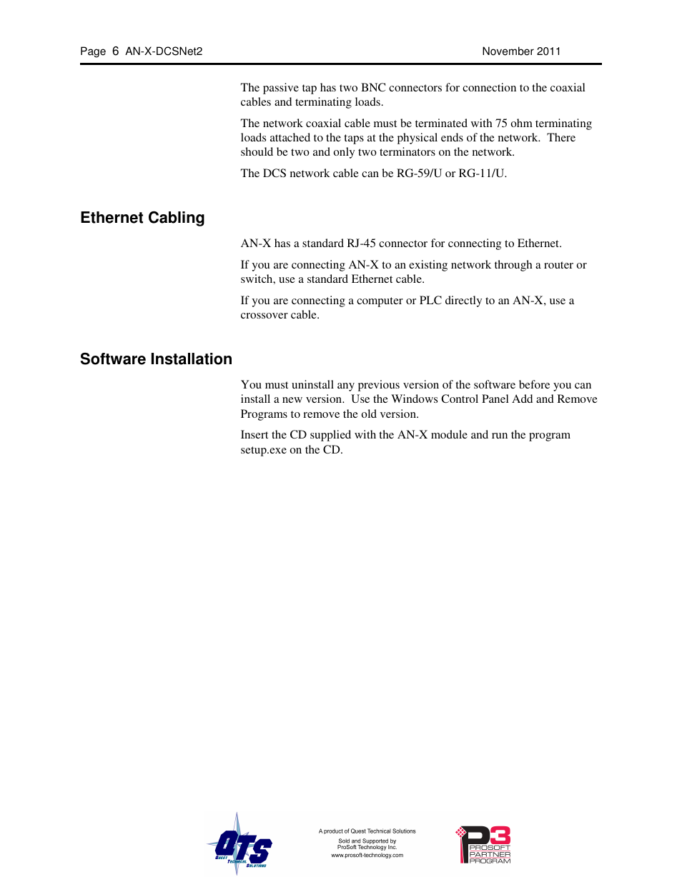 Ethernet cabling, Software installation | ProSoft Technology AN-X-AMX User Manual | Page 10 / 68