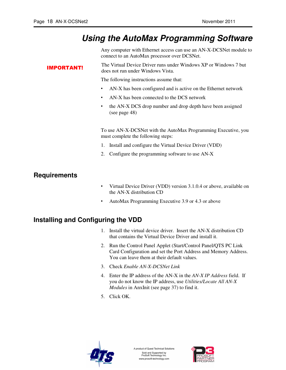 Using the automax programming software, Requirements, Installing and configuring the vdd | ProSoft Technology AN-X-AMX User Manual | Page 22 / 68