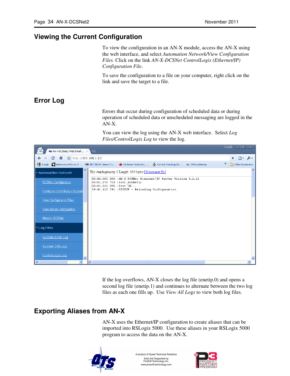Viewing the current configuration, Error log, Exporting aliases from an-x | ProSoft Technology AN-X-AMX User Manual | Page 38 / 68