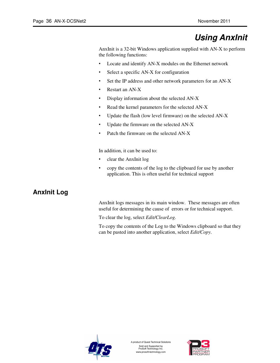Using anxinit, Anxinit log | ProSoft Technology AN-X-AMX User Manual | Page 40 / 68