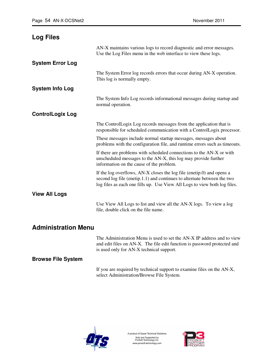 Log files, Administration menu | ProSoft Technology AN-X-AMX User Manual | Page 58 / 68