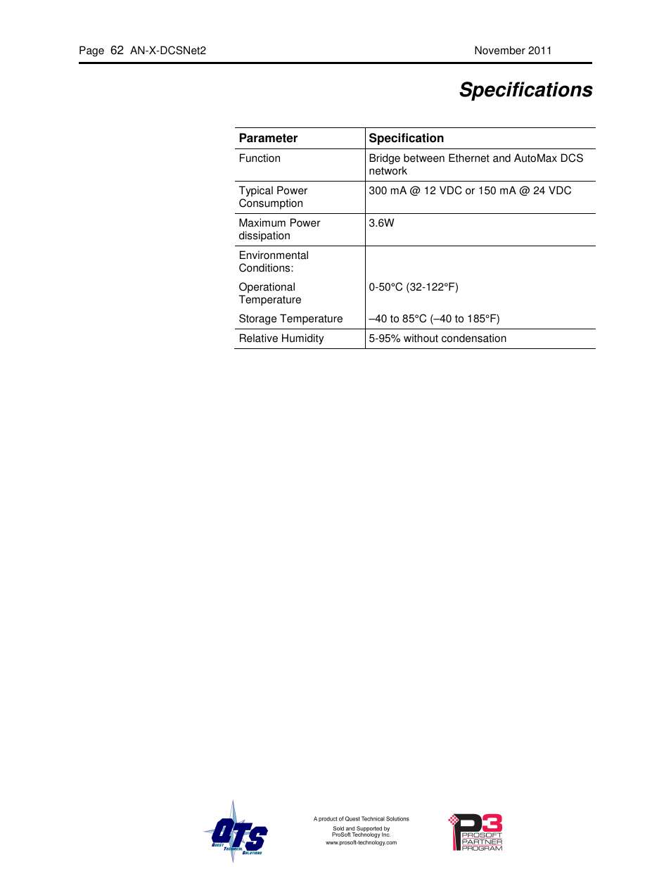 Specifications | ProSoft Technology AN-X-AMX User Manual | Page 66 / 68
