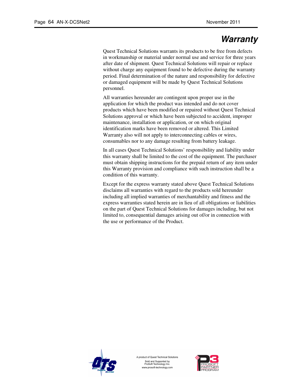 Warranty | ProSoft Technology AN-X-AMX User Manual | Page 68 / 68