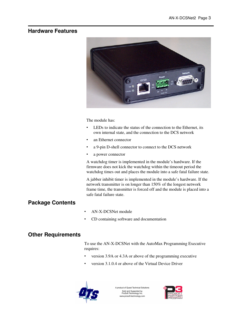 Hardware features, Package contents, Other requirements | ProSoft Technology AN-X-AMX User Manual | Page 7 / 68