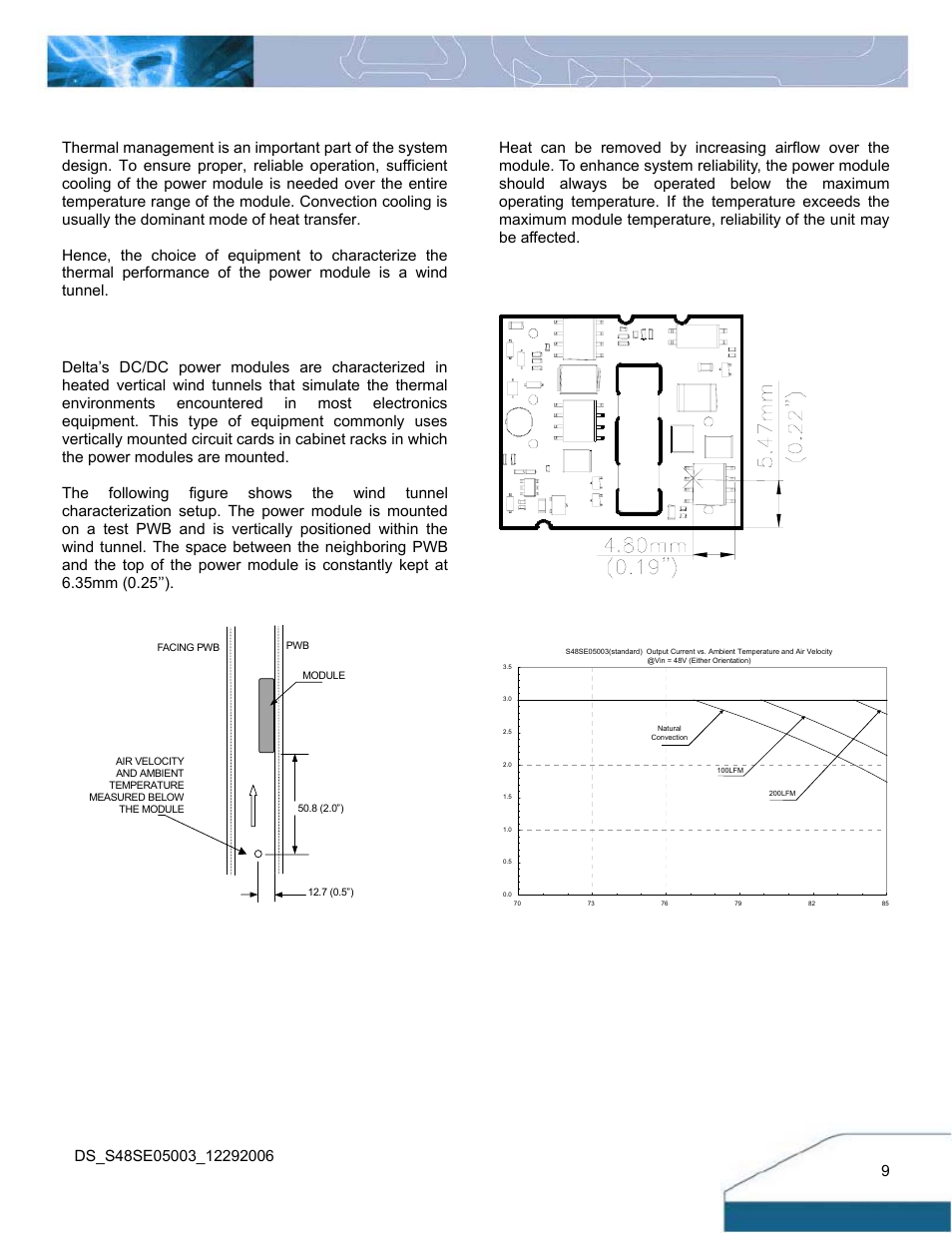 Thermal curves, Thermal considerations, Thermal derating | Thermal testing setup | Delta Electronics S48SE User Manual | Page 9 / 13