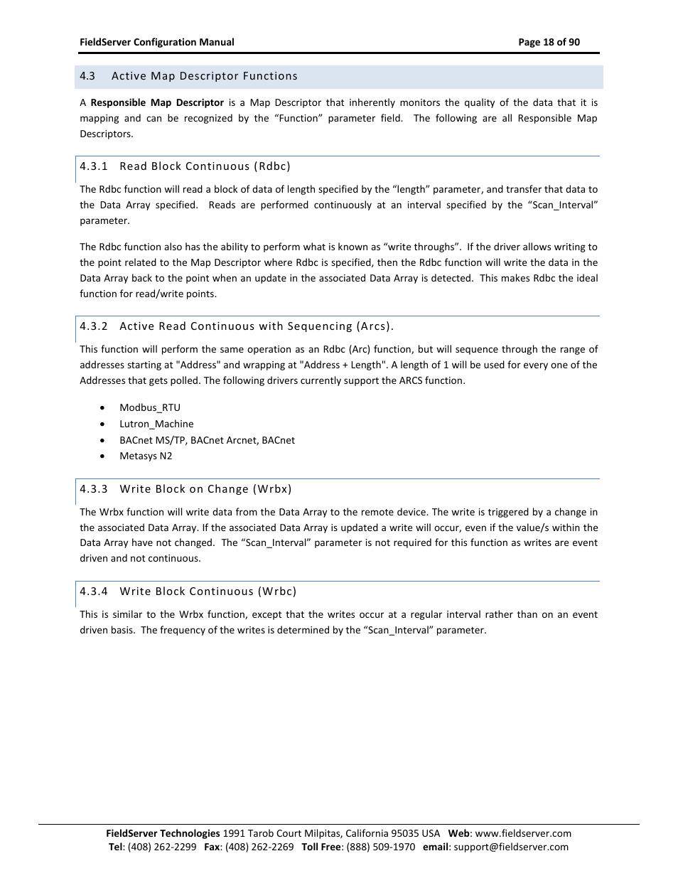 Active map descriptor functions, Read block continuous (rdbc), Active read continuous with sequencing (arcs) | Write block on change (wrbx), Write block continuous (wrbc) | ProSoft Technology PS-QS-1x10-0781 User Manual | Page 18 / 90