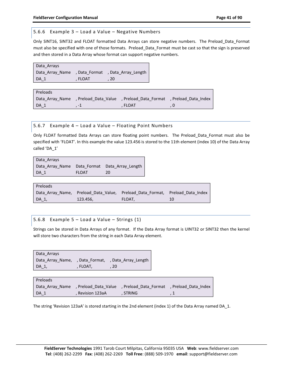 Example 3 – load a value – negative numbers, Example 4 – load a value – floating point numbers, Example 5 – load a value – strings (1) | ProSoft Technology PS-QS-1x10-0781 User Manual | Page 41 / 90