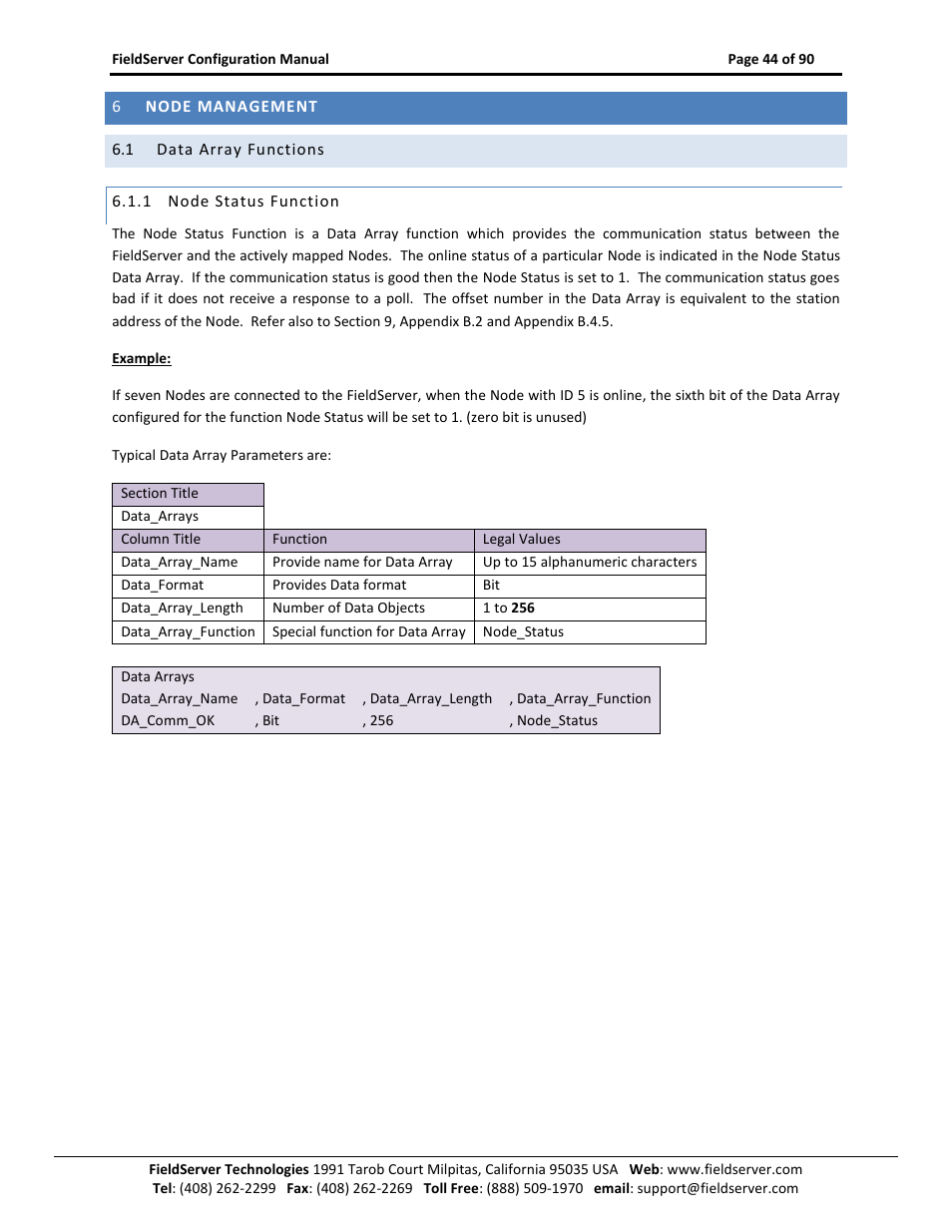 Node management, Data array functions, Node status function | ProSoft Technology PS-QS-1x10-0781 User Manual | Page 44 / 90