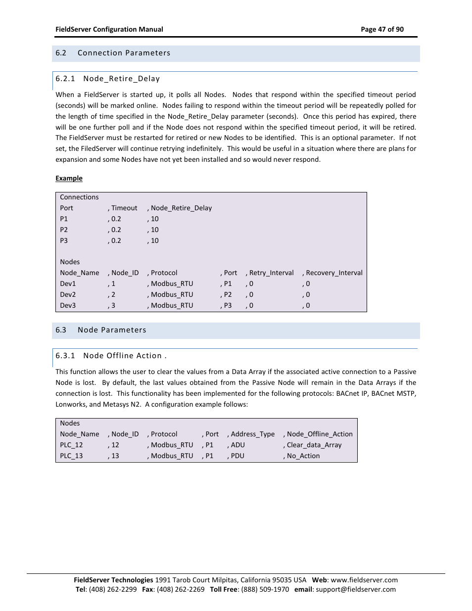 Connection parameters, Node_retire_delay, Node parameters | Node offline action | ProSoft Technology PS-QS-1x10-0781 User Manual | Page 47 / 90