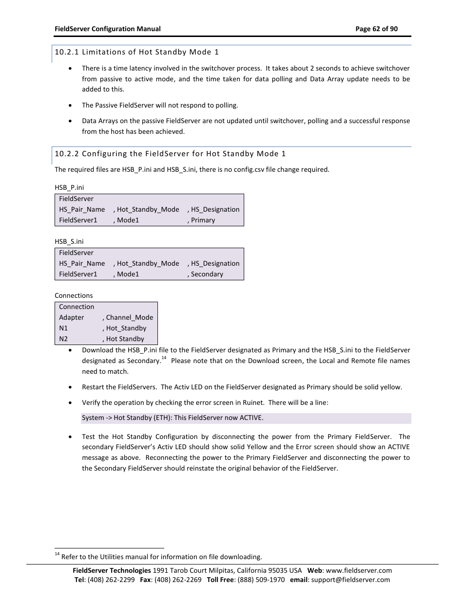 Limitations of hot standby mode 1, Configuring the fieldserver for hot standby mode 1 | ProSoft Technology PS-QS-1x10-0781 User Manual | Page 62 / 90