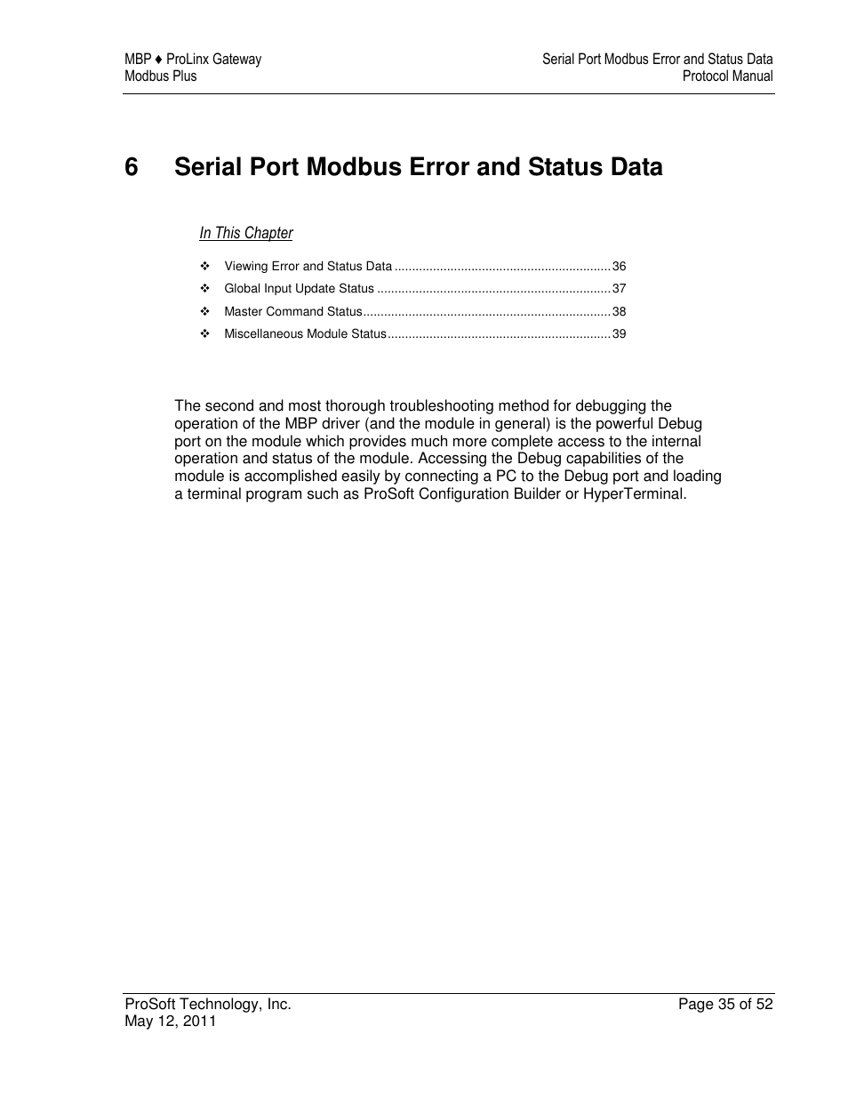 6serial port modbus error and status data | ProSoft Technology 5301-MBP-ASCII User Manual | Page 35 / 52