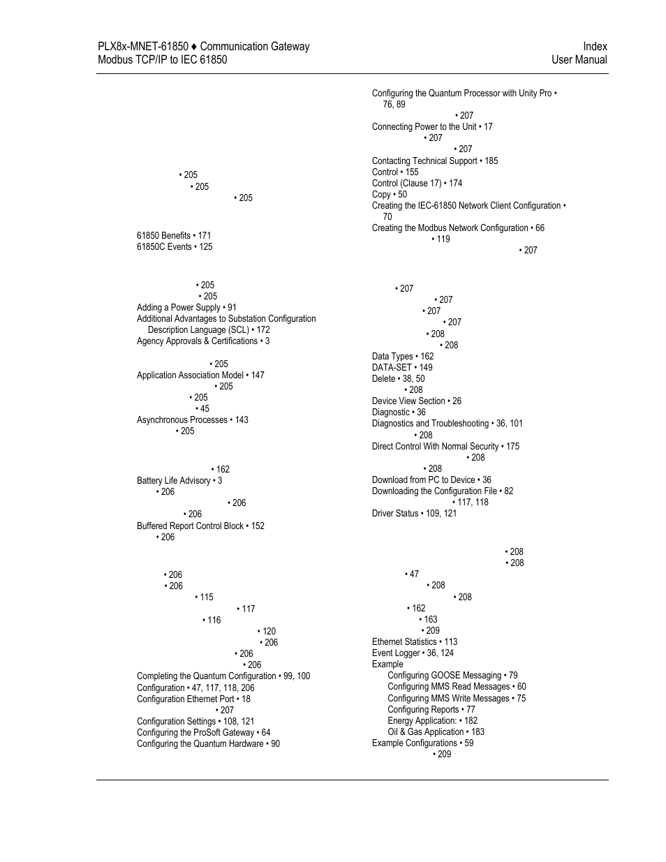 Index | ProSoft Technology PLX8X-MNET-61850 User Manual | Page 225 / 228