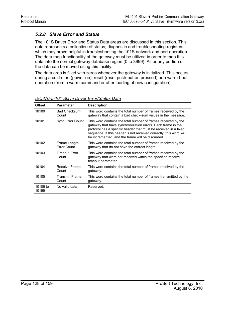 Slave error and status, Iec870-5-101 slave driver error/status data | ProSoft Technology 5201-MNET-101S User Manual | Page 128 / 159
