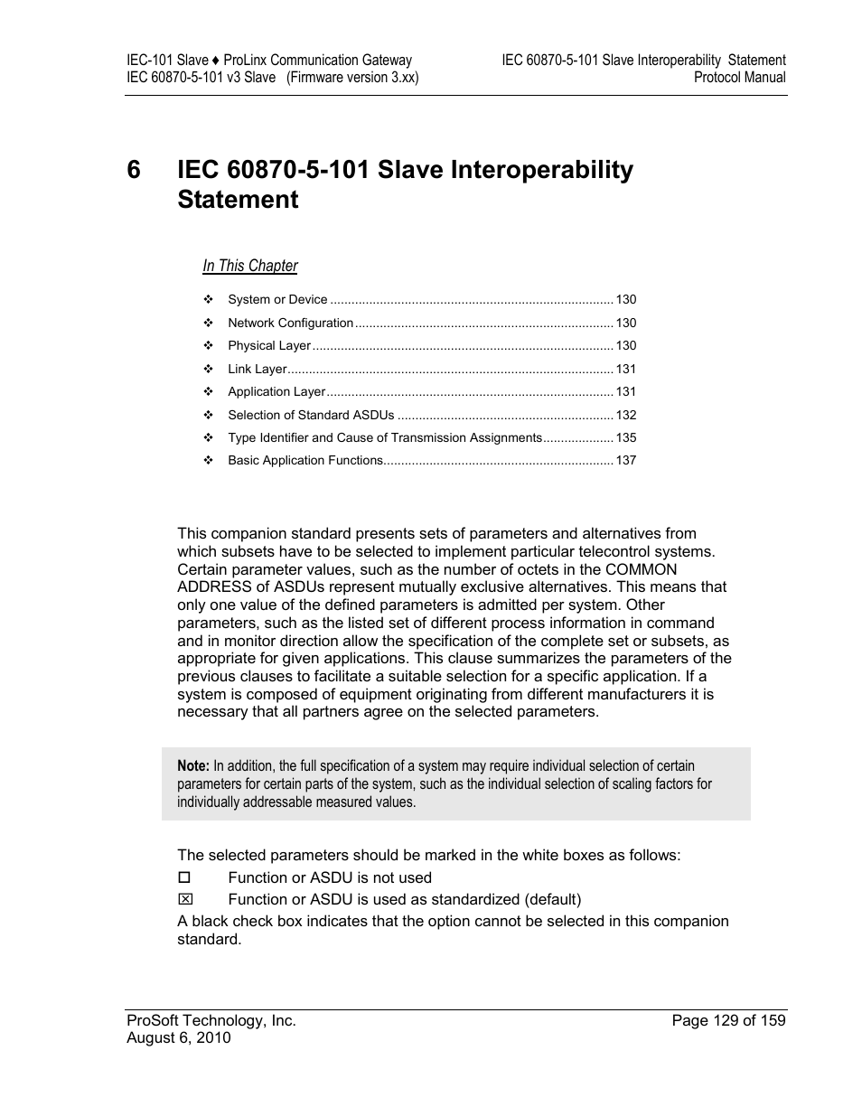 Iec 60870-5-101 slave interoperability statement, E 129) | ProSoft Technology 5201-MNET-101S User Manual | Page 129 / 159