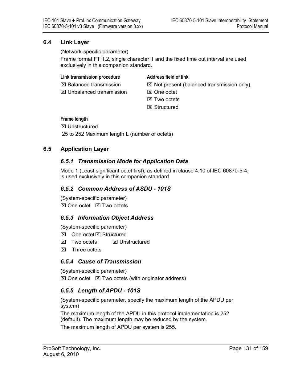 Link layer, Application layer, Transmission mode for application data | Common address of asdu - 101s, Information object address, Cause of transmission, Length of apdu - 101s | ProSoft Technology 5201-MNET-101S User Manual | Page 131 / 159