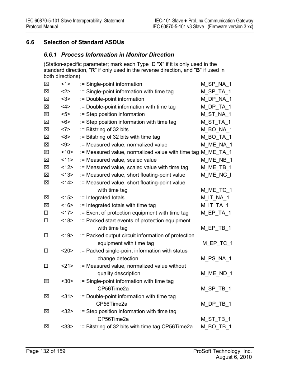 Selection of standard asdus, Process information in monitor direction | ProSoft Technology 5201-MNET-101S User Manual | Page 132 / 159