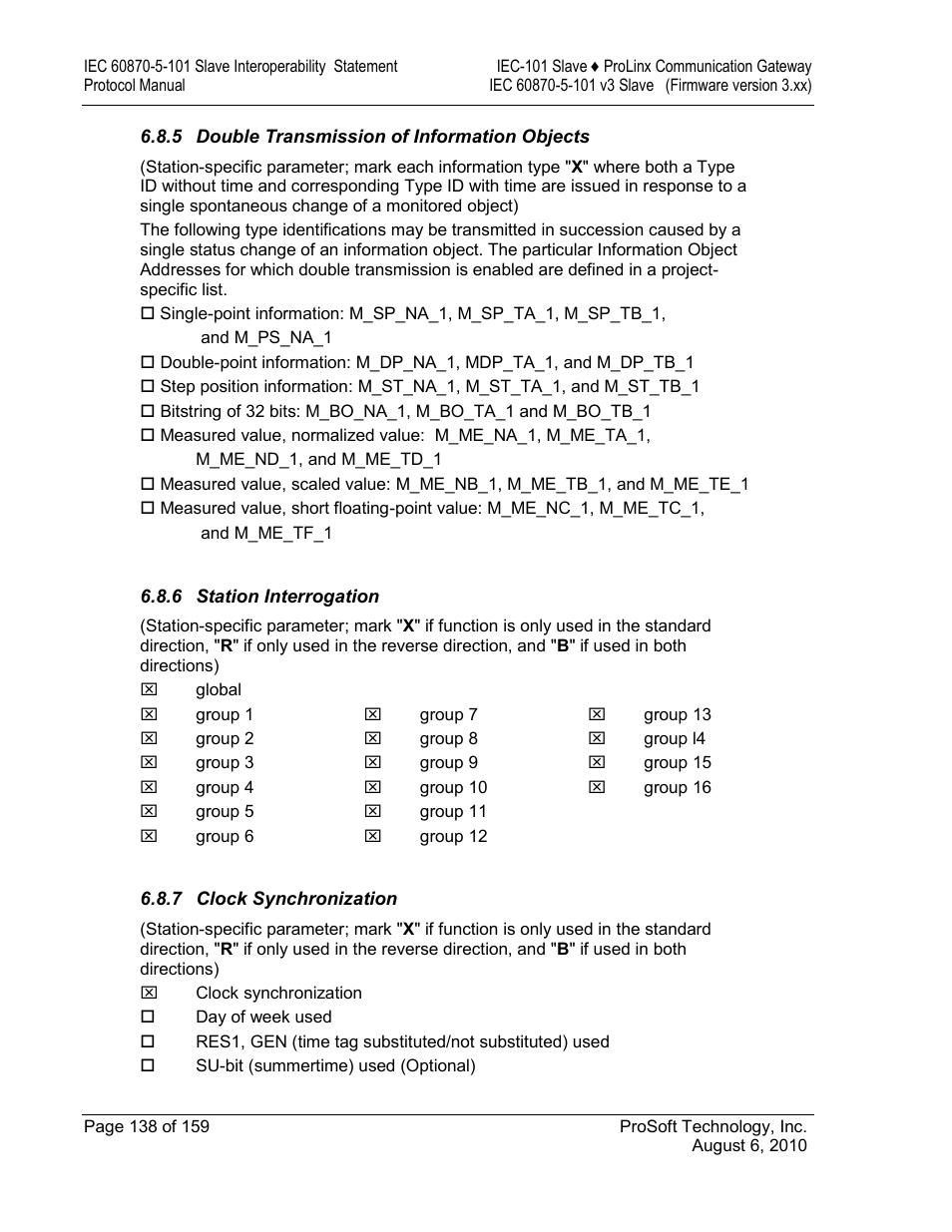 Double transmission of information objects, Station interrogation, Clock synchronization | ProSoft Technology 5201-MNET-101S User Manual | Page 138 / 159