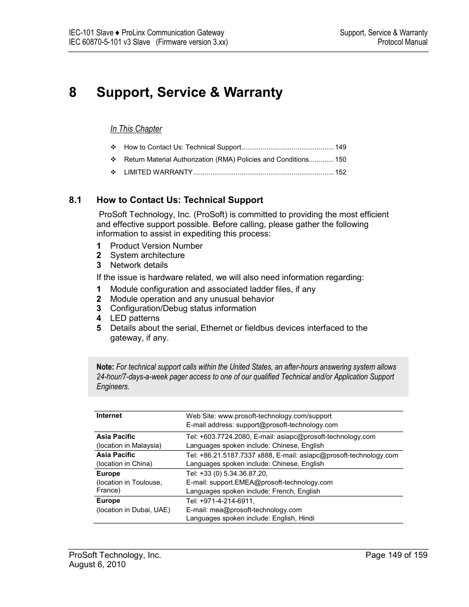 Support, service & warranty, How to contact us: technical support, 8 support, service & warranty | ProSoft Technology 5201-MNET-101S User Manual | Page 149 / 159