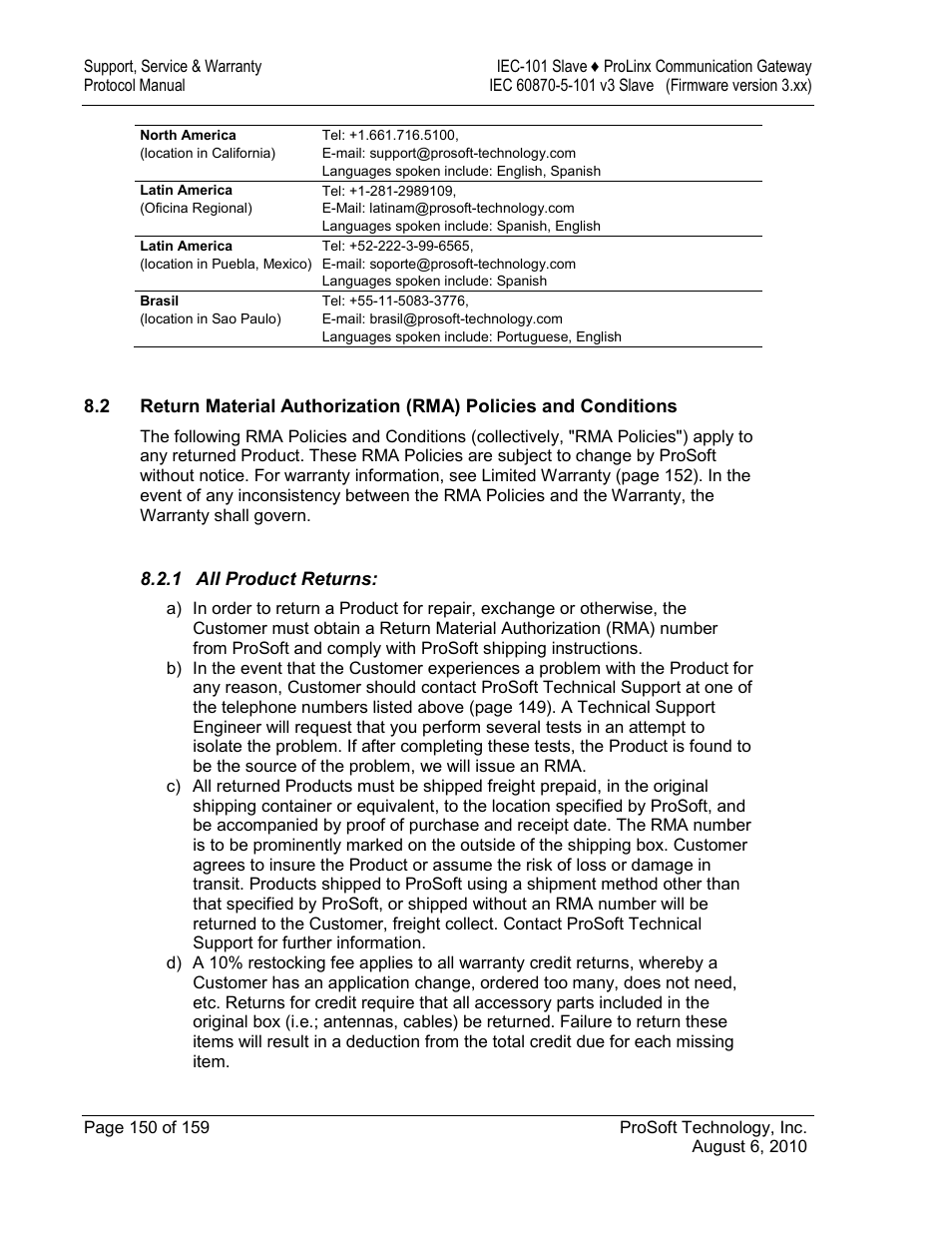 All product returns | ProSoft Technology 5201-MNET-101S User Manual | Page 150 / 159