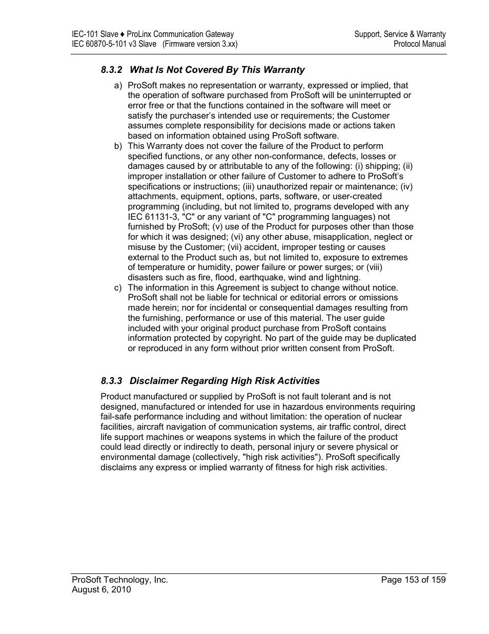 What is not covered by this warranty, Disclaimer regarding high risk activities | ProSoft Technology 5201-MNET-101S User Manual | Page 153 / 159