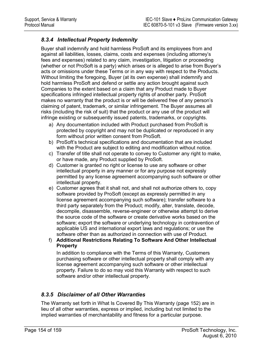 Intellectual property indemnity, Disclaimer of all other warranties | ProSoft Technology 5201-MNET-101S User Manual | Page 154 / 159