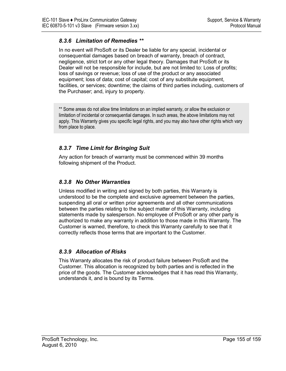 Limitation of remedies, Time limit for bringing suit, No other warranties | Allocation of risks | ProSoft Technology 5201-MNET-101S User Manual | Page 155 / 159