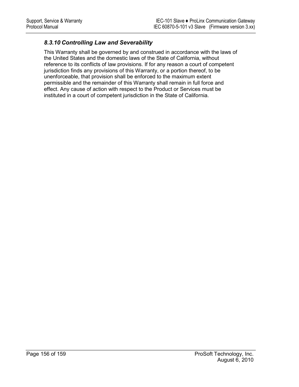 Controlling law and severability | ProSoft Technology 5201-MNET-101S User Manual | Page 156 / 159