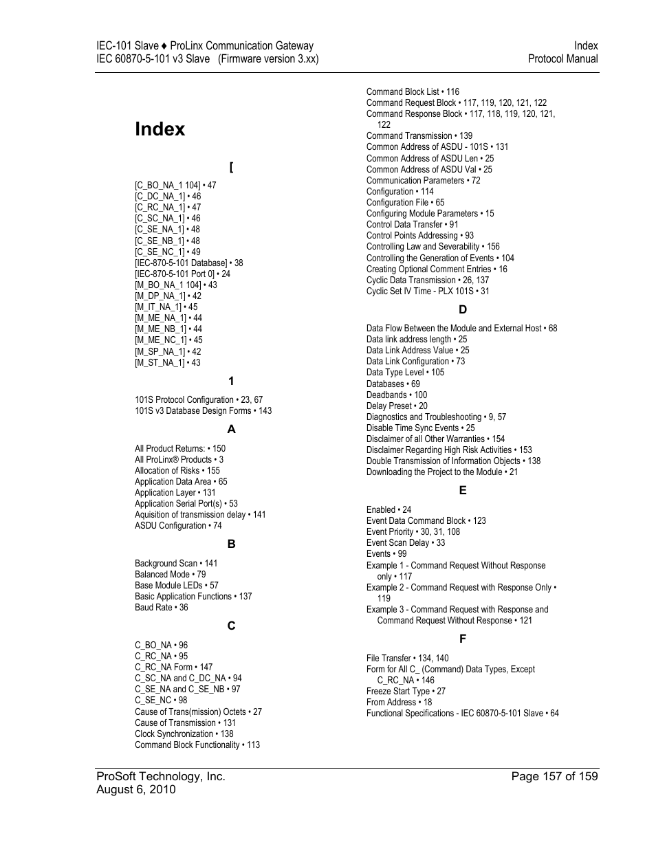 Index | ProSoft Technology 5201-MNET-101S User Manual | Page 157 / 159