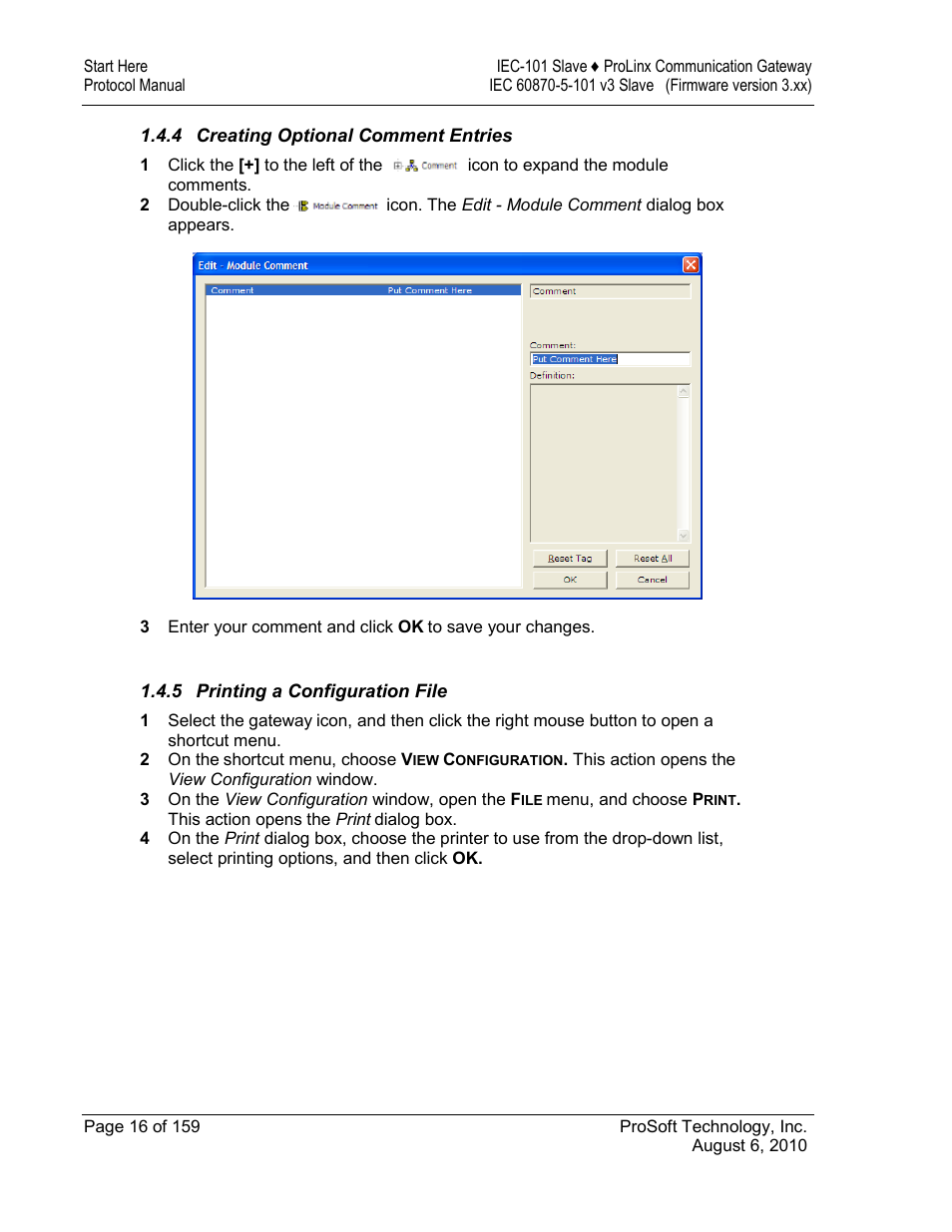 Creating optional comment entries, Printing a configuration file | ProSoft Technology 5201-MNET-101S User Manual | Page 16 / 159