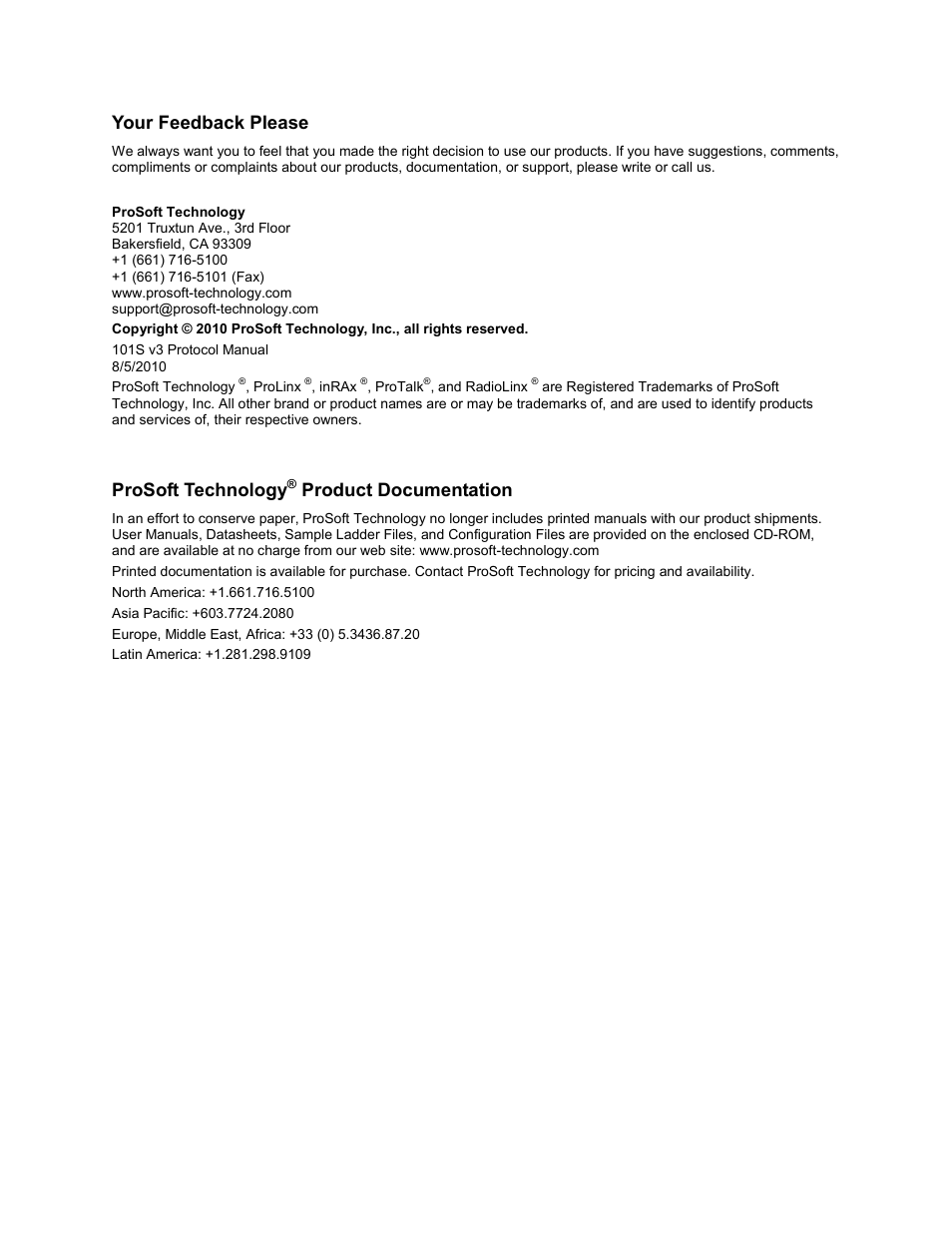Your feedback please, Prosoft technology, Product documentation | ProSoft Technology 5201-MNET-101S User Manual | Page 2 / 159