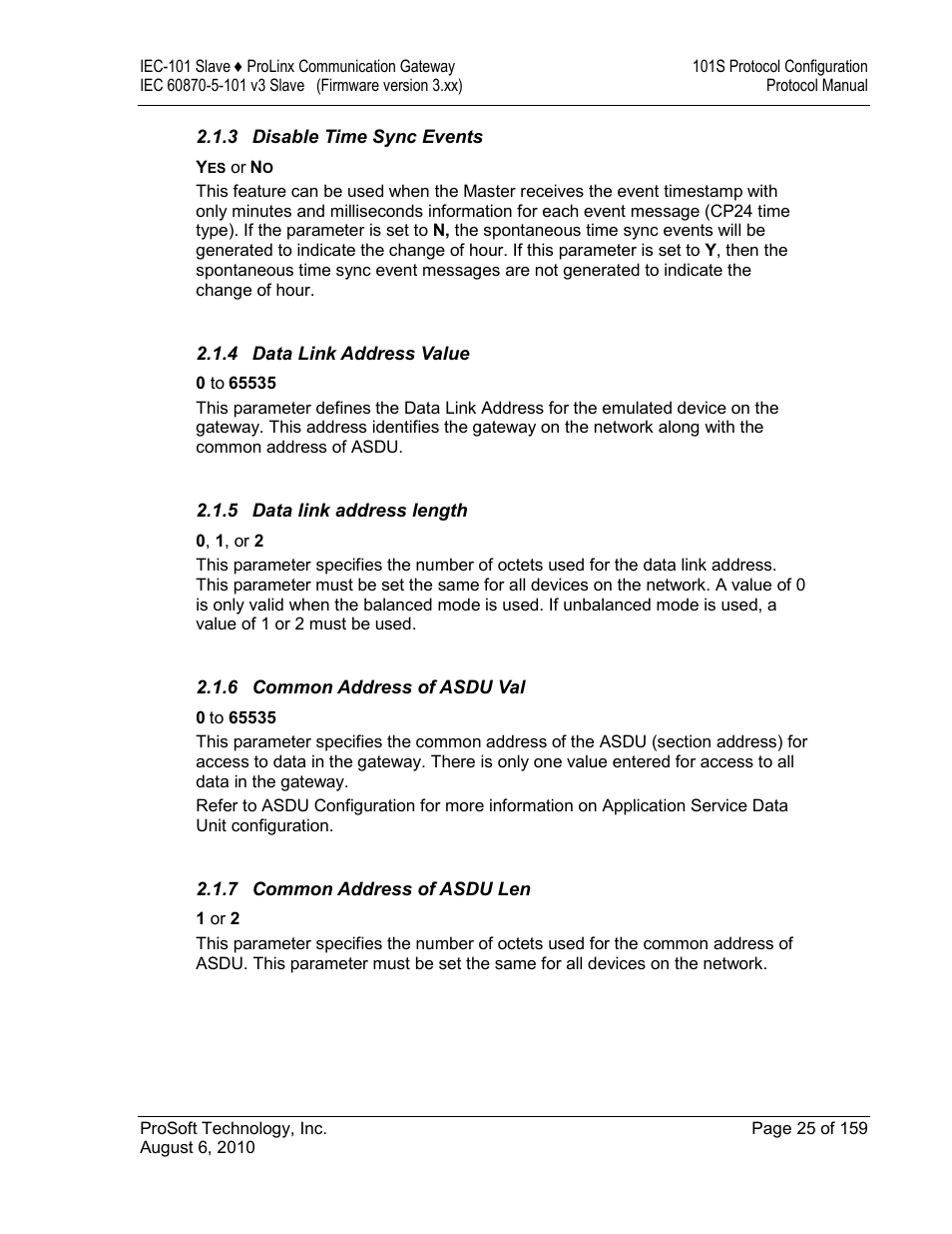 Disable time sync events, Data link address value, Data link address length | Common address of asdu val, Common address of asdu len | ProSoft Technology 5201-MNET-101S User Manual | Page 25 / 159