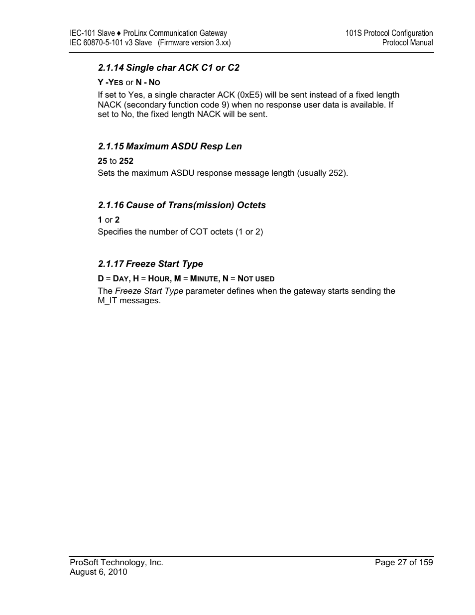 Single char ack c1 or c2, Maximum asdu resp len, Cause of trans(mission) octets | Freeze start type | ProSoft Technology 5201-MNET-101S User Manual | Page 27 / 159