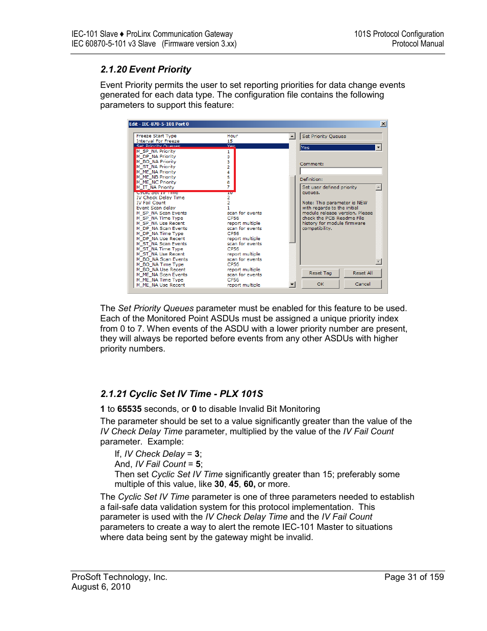 Event priority, Cyclic set iv time - plx 101s | ProSoft Technology 5201-MNET-101S User Manual | Page 31 / 159