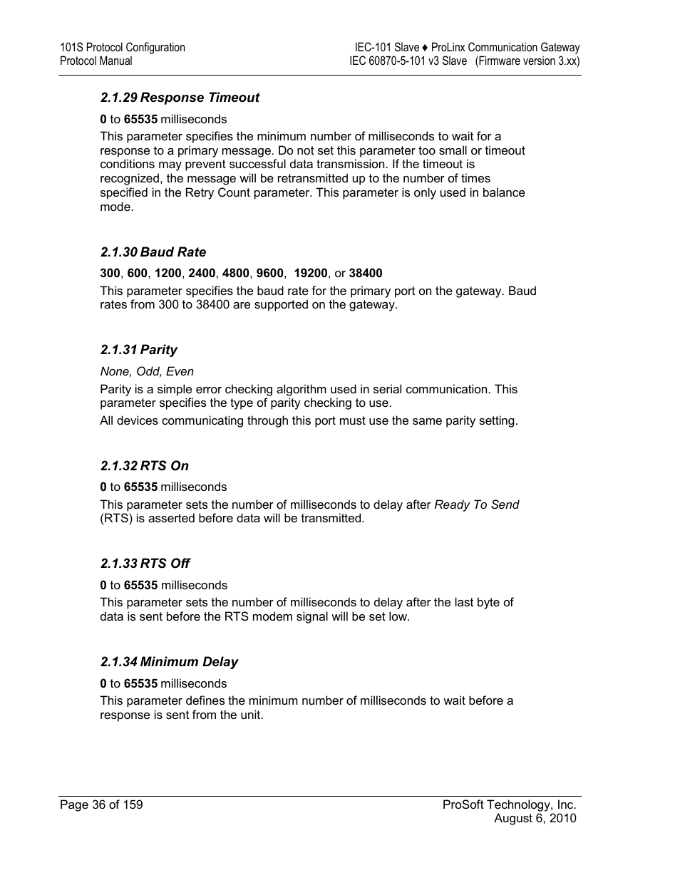 Response timeout, Baud rate, Parity | Rts on, Rts off, Minimum delay | ProSoft Technology 5201-MNET-101S User Manual | Page 36 / 159