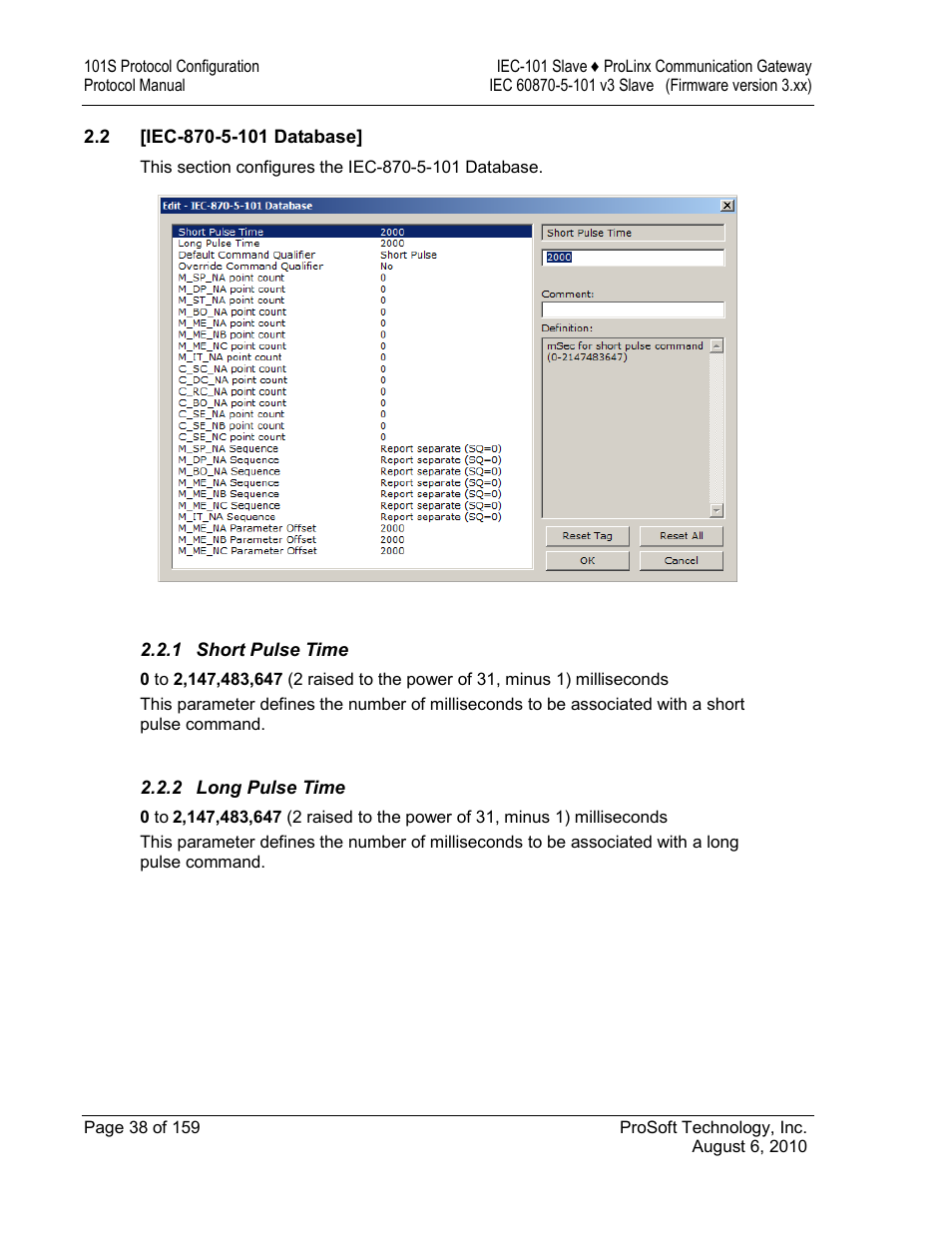 Iec-870-5-101 database, Short pulse time, Long pulse time | ProSoft Technology 5201-MNET-101S User Manual | Page 38 / 159