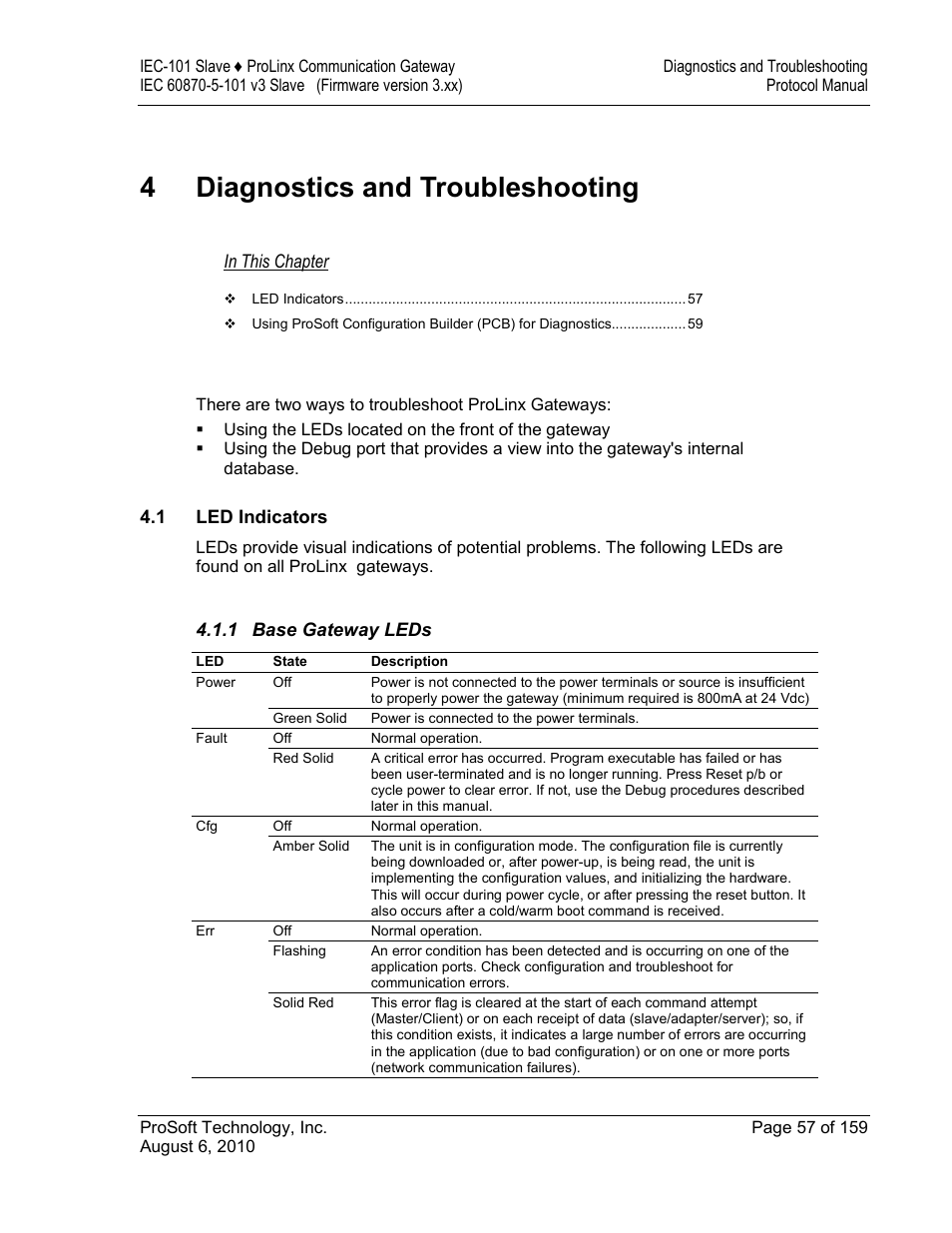 Diagnostics and troubleshooting, Led indicators, Base gateway leds | 4 diagnostics and troubleshooting | ProSoft Technology 5201-MNET-101S User Manual | Page 57 / 159