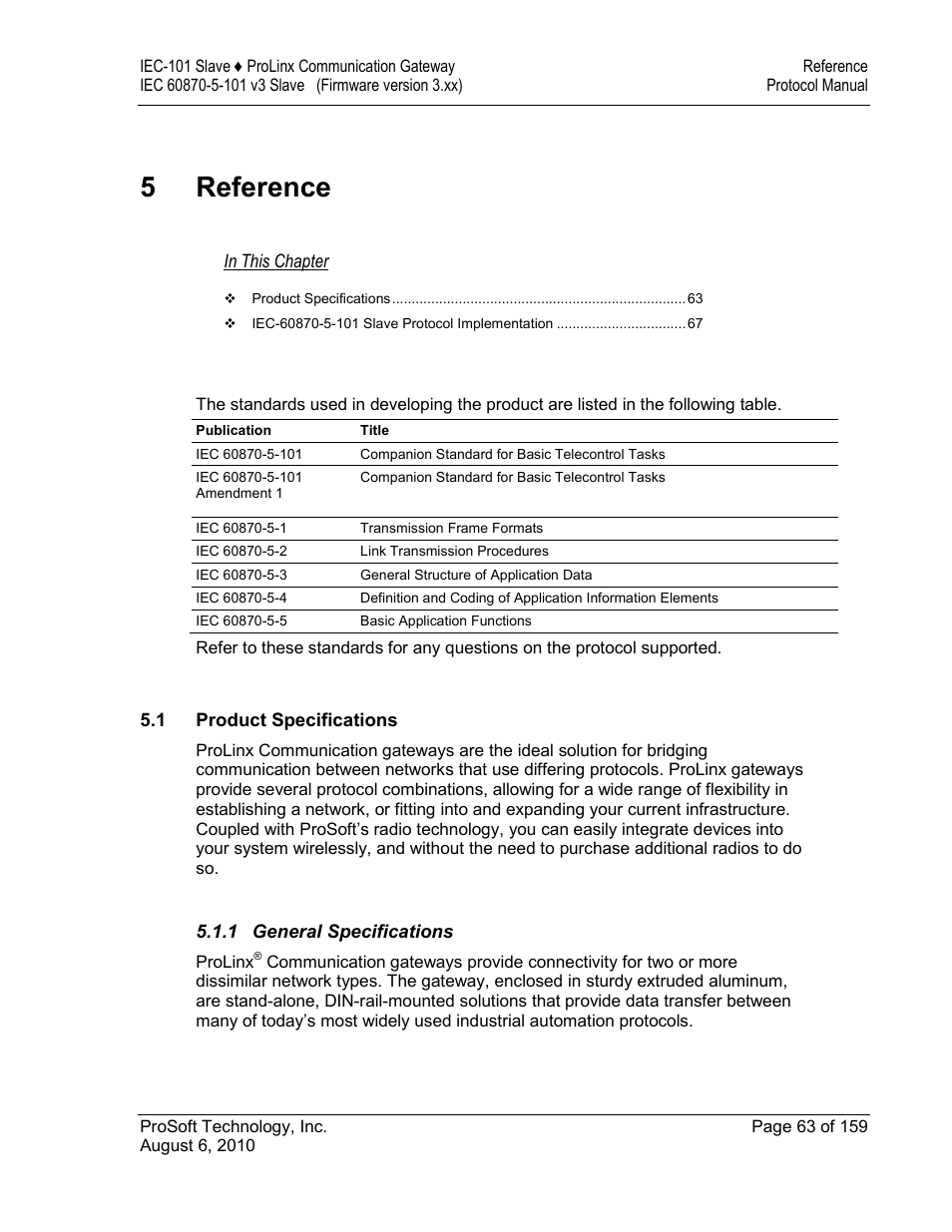 Reference, Product specifications, General specifications | Age 63), 5 reference | ProSoft Technology 5201-MNET-101S User Manual | Page 63 / 159