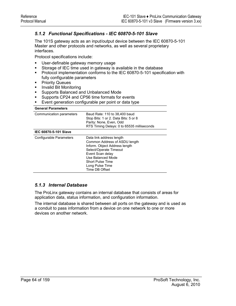 Functional specifications - iec 60870-5-101 slave, Internal database | ProSoft Technology 5201-MNET-101S User Manual | Page 64 / 159