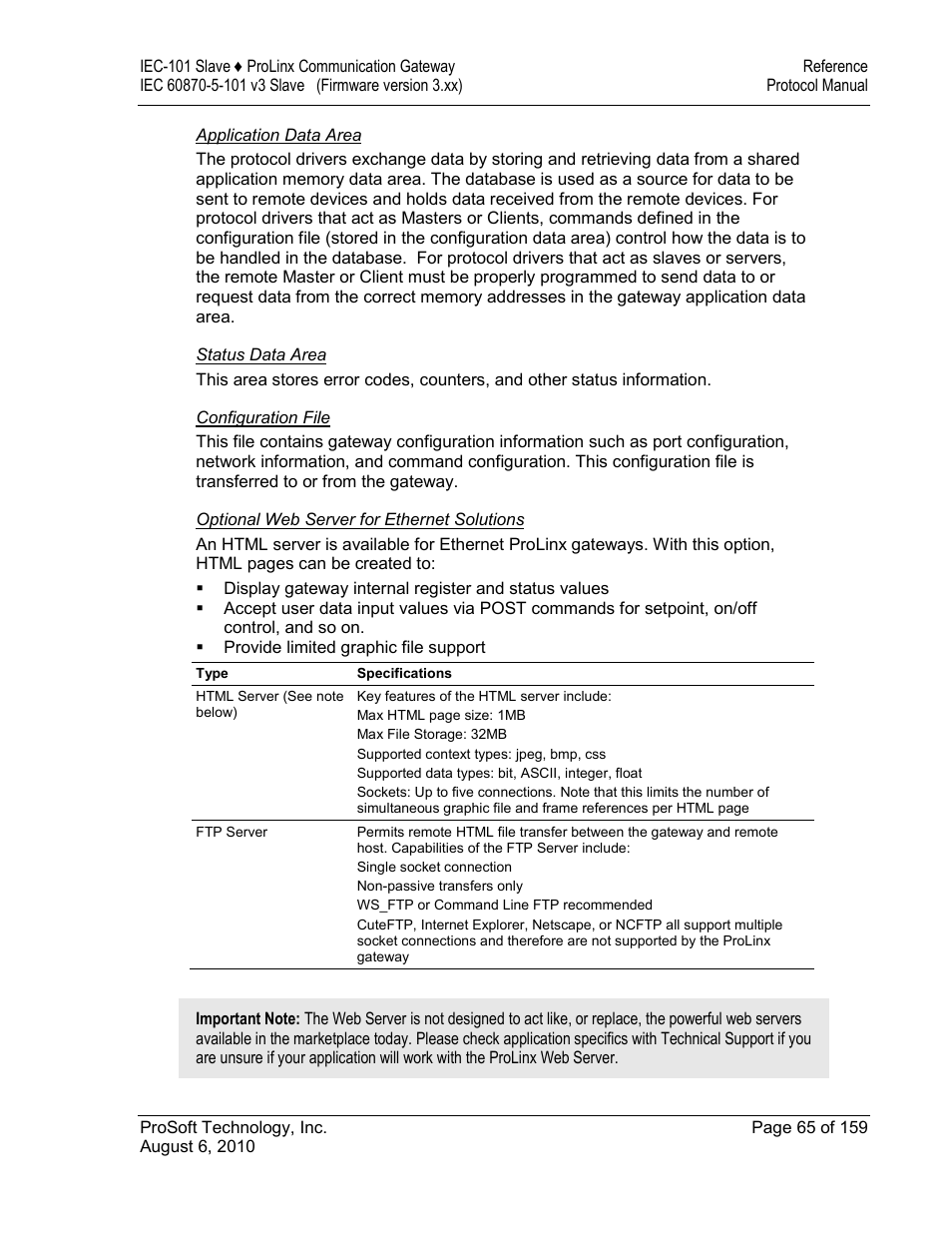 Application data area, Status data area, Configuration file | Optional web server for ethernet solutions | ProSoft Technology 5201-MNET-101S User Manual | Page 65 / 159