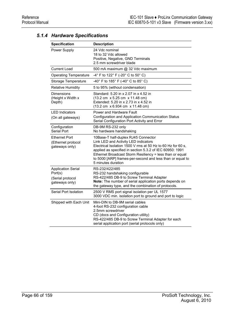 Hardware specifications, 4 hardware specifications | ProSoft Technology 5201-MNET-101S User Manual | Page 66 / 159