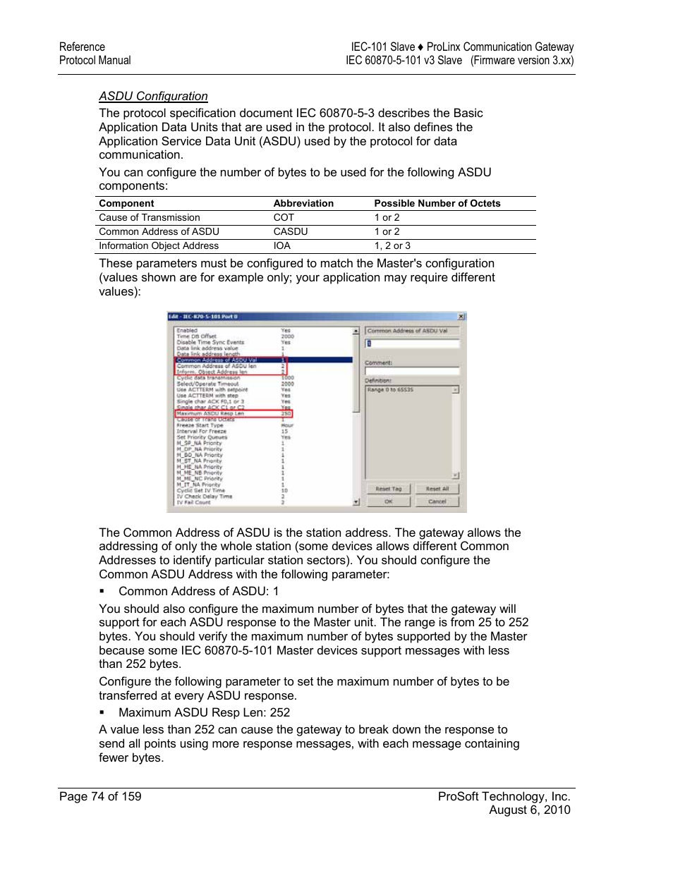 Asdu configuration | ProSoft Technology 5201-MNET-101S User Manual | Page 74 / 159