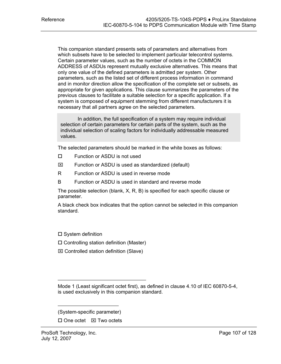 Iec 60870-5-104 server interoperability document, System or device, Application layer | Transmission mode for application data, Common address of asdu | ProSoft Technology 5205-104S-PDPS User Manual | Page 107 / 128
